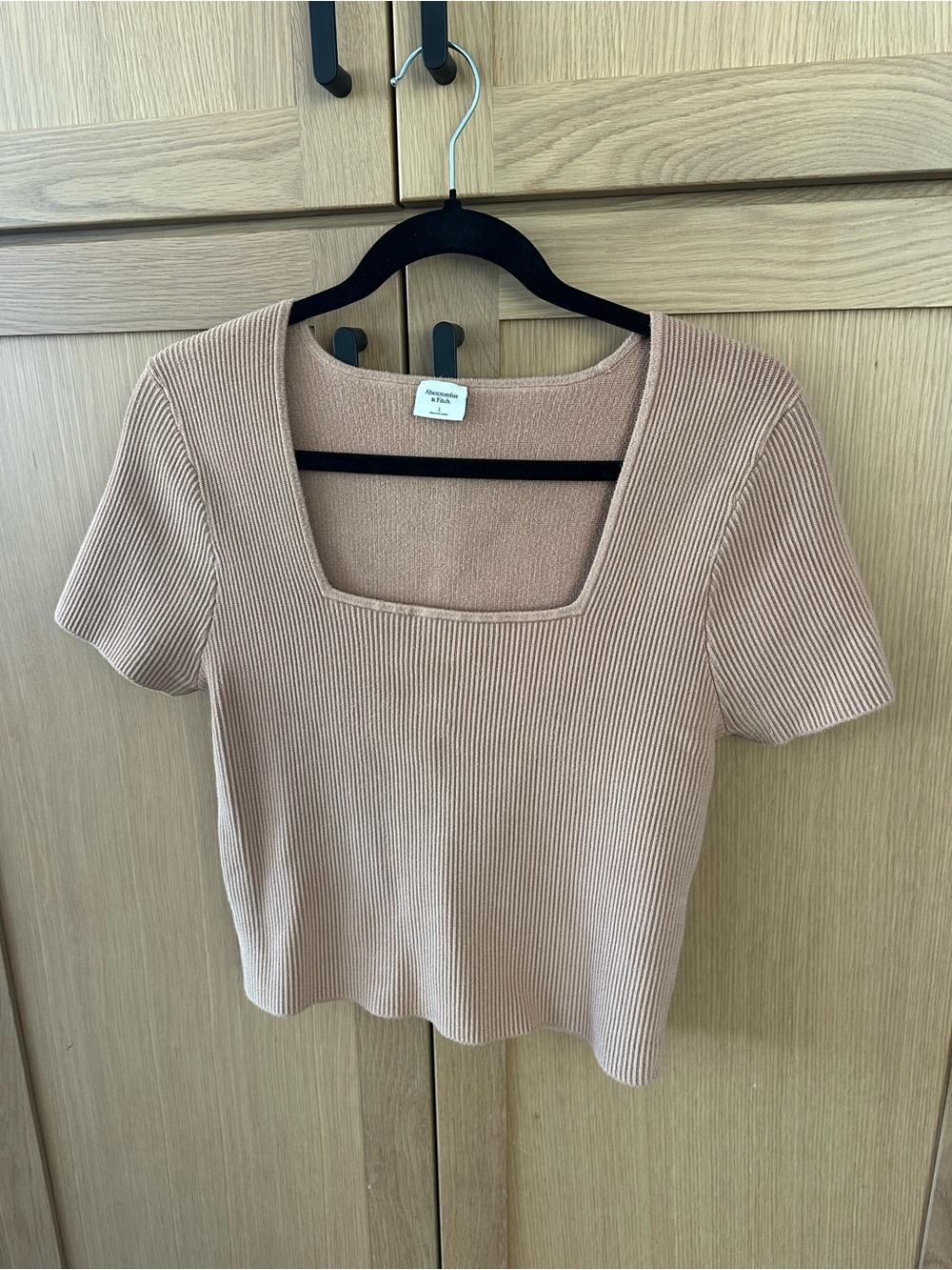 Abercrombie Square Neck Short Sleeve Ribbed Top – Beige